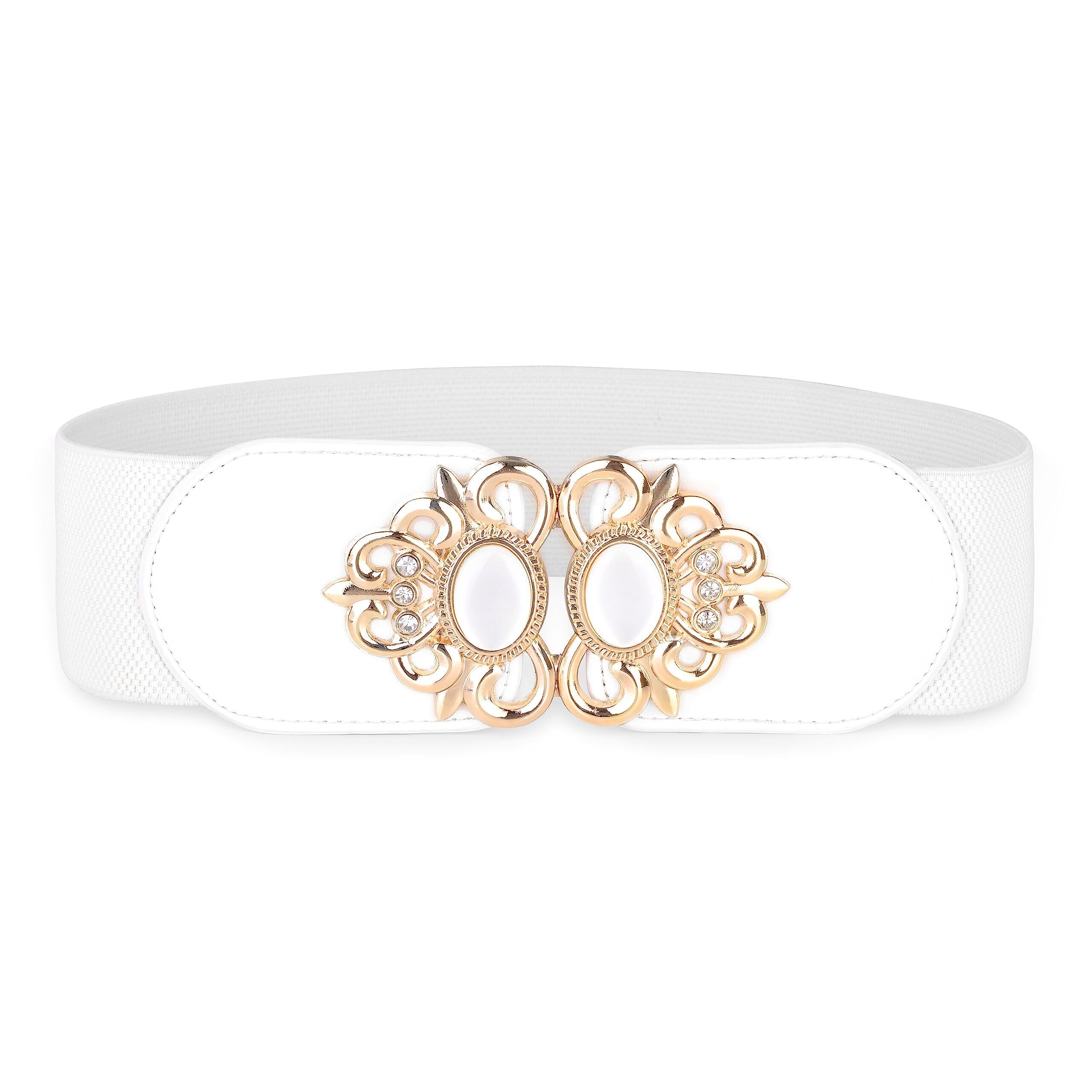 3595 Stretchy Vintage Wide Waspie Elastic Pearl Buckle Waist Belt (White
